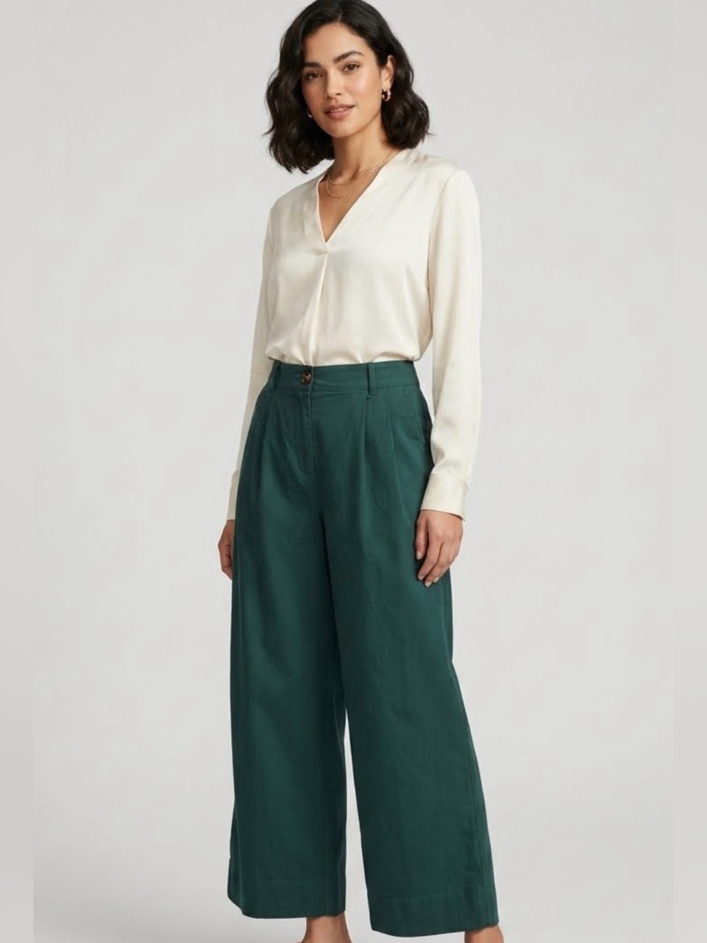 LOFT High-Rise Wide-Leg Pleated Cropped Pants Green | Size 4